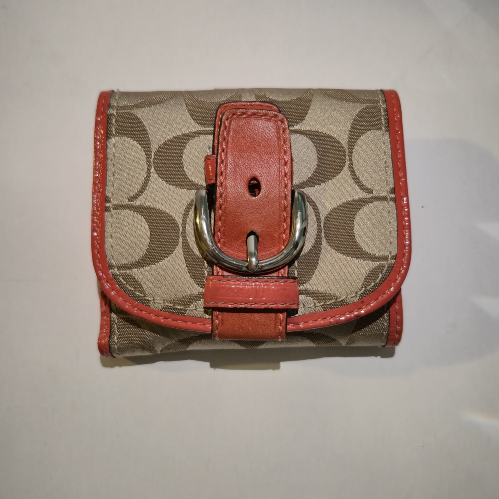 Coach Small Signature C Canvas Wallet, trifold with Orange Patent Leather Buckle